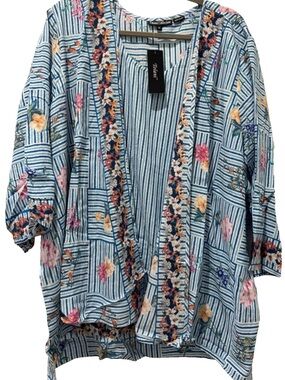 Floral Stripe Open Front Long Sleeve Top - Blue
